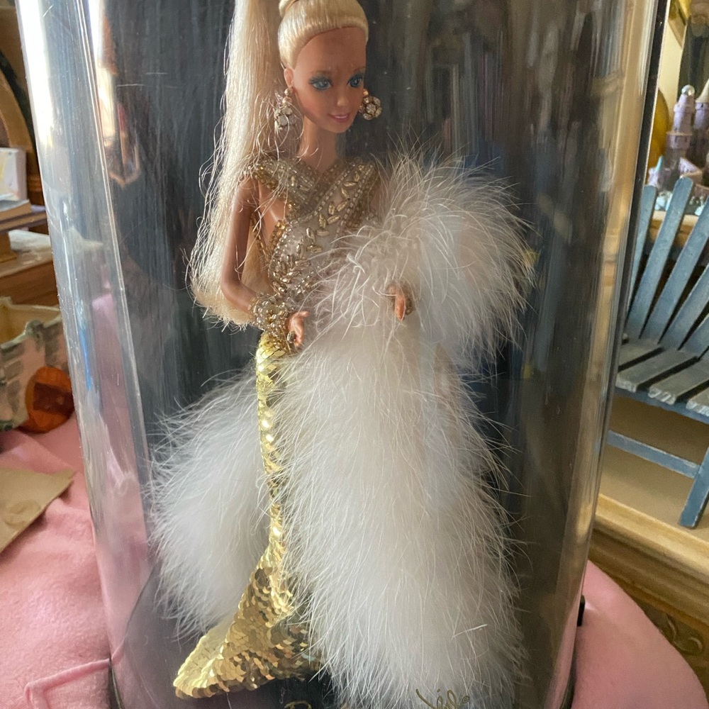 Bob Mackie Barbie Doll gold sequin dress in display case